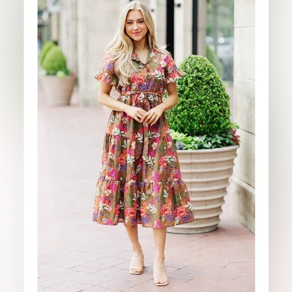 J. Marie Green Floral Ruffle Sleeve Midi Dress sz L